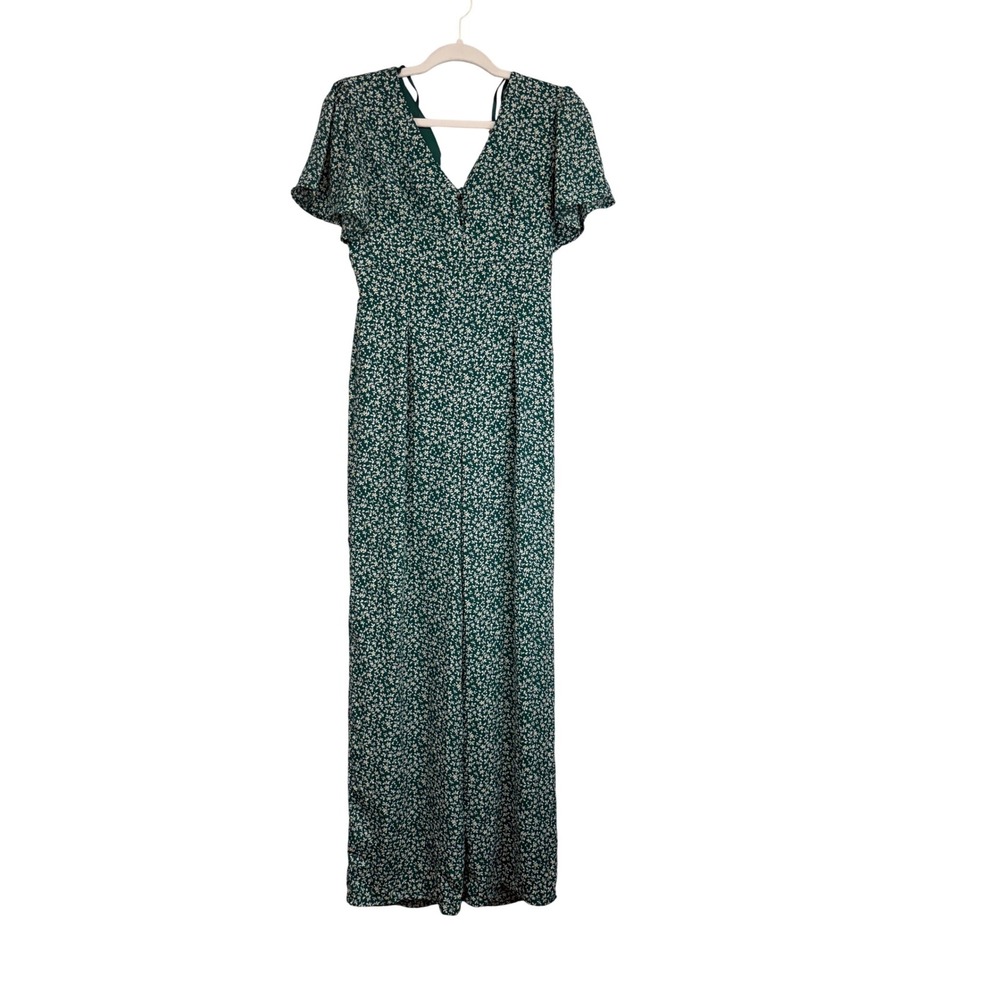Blue Rain Green Floral Ditsy V-Neck Wide Leg Jumpsuit Small Flutter Sleeve